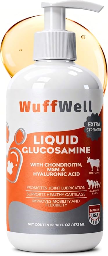 WuffWell Liquid Glucosamine for Dogs Hip & Joint Support with Chondroitin, MSM & Hyaluronic Acid, Dog Joint Supplement for Mobility & Cartilage Health, Easy Pump Dosage, All Breeds, Made in USA, 16oz
