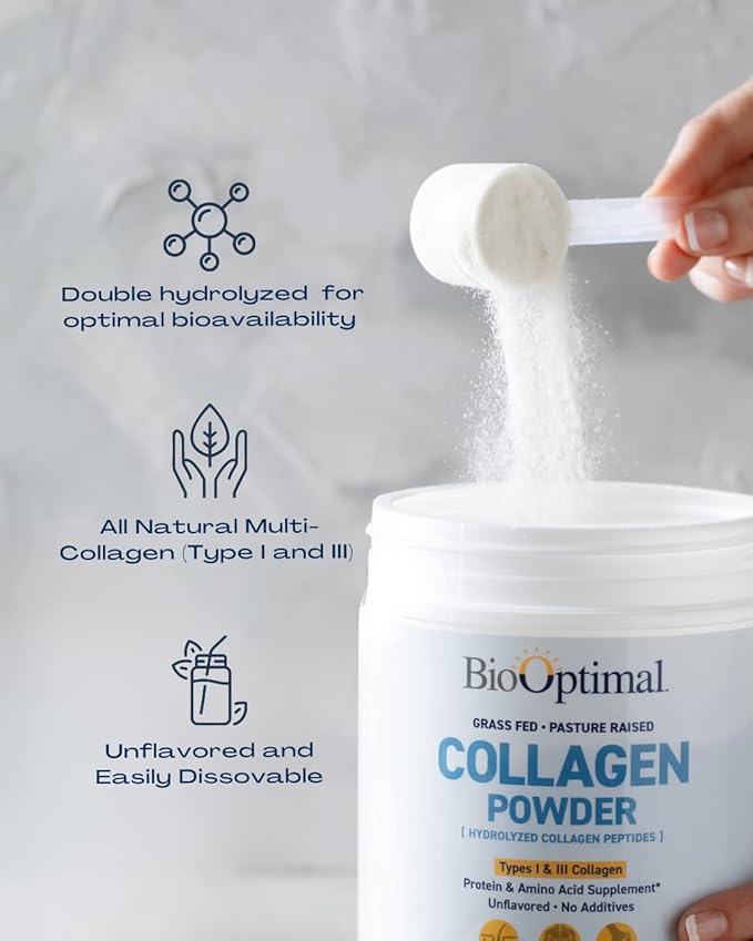 BioOptimal Collagen Peptides Powder - Grass-Fed, Pasture-Raised Hydrolyzed Protein Supplement for Skin, Hair, & Nails - Non-GMO, Zero Sugar Daily Supplement for Men & Women (45 Servings)