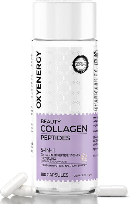 OxyEnergy Collagen Peptides Capsules for Women, 1100mg Hydrolyzed Collagen Tripeptides(Type III) Supplements with Biotin and Vitamin C, 180 Collagen Pills to Promotes Hair, Nail, Skin, 2 Months Supply