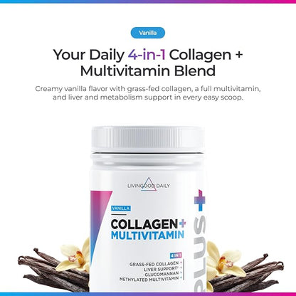 Livingood Daily Collagen Powder for Women and Men, Vanilla, Grass Fed Protein, Hydrolyzed Collagen Peptides with Vitamin C & Multi Vitamins for Hair, Skin, Nail & Gut Health, Gluten Free, 30 Servings