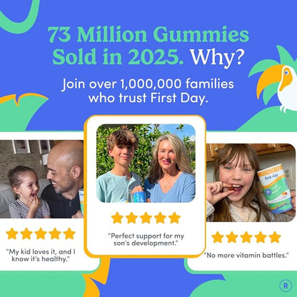 FIRST DAY Kids Multivitamin Gummies Age 4+, Strawberry & Orange - Kids Vitamins Multivitamin Gummy A C D3 K2 B1 B2 B6 B12 Folate, Immunity & Brain Function, Vegan - 60 Day Supply, Packaging May Vary