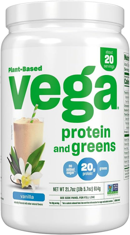 Vega Protein and Greens Protein Powder, Vanilla - 20g Plant Based Protein Plus Veggies, Vegan, Non GMO, Pea Protein for Women and Men, 21.7 Ounce (Packaging May Vary) (Pack of 1)