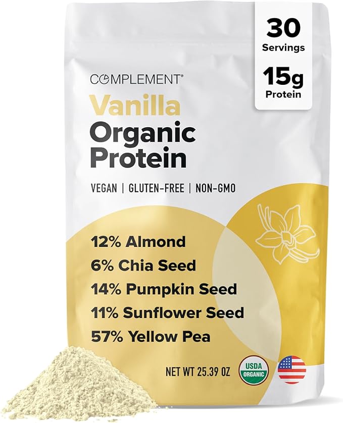 Complement Vegan Vanilla Protein Powder - Organic Protein Low Carb, Low Calorie, Sugar Free, Soy Free, Non-GMO, Gluten Free, Non Dairy - 15g Yellow Pea, Pumpkin Seed Protein Powder (30 Serving)