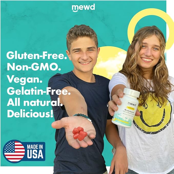 MEWD Teen and Kids Mood Support Multivitamin Gummies - Natural Focus & Calm with L-Theanine, Vitamins A, C, D3, B6, B9 & B12, Plus Zinc & Iron - Vegan Immune Booster, Gluten-Free Brain Health