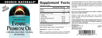Source Naturals Evening Primrose Oil - Hexane-Free - 1350mg - GLA Yield: 135 mg - Cold-Pressed - 30 Softgels