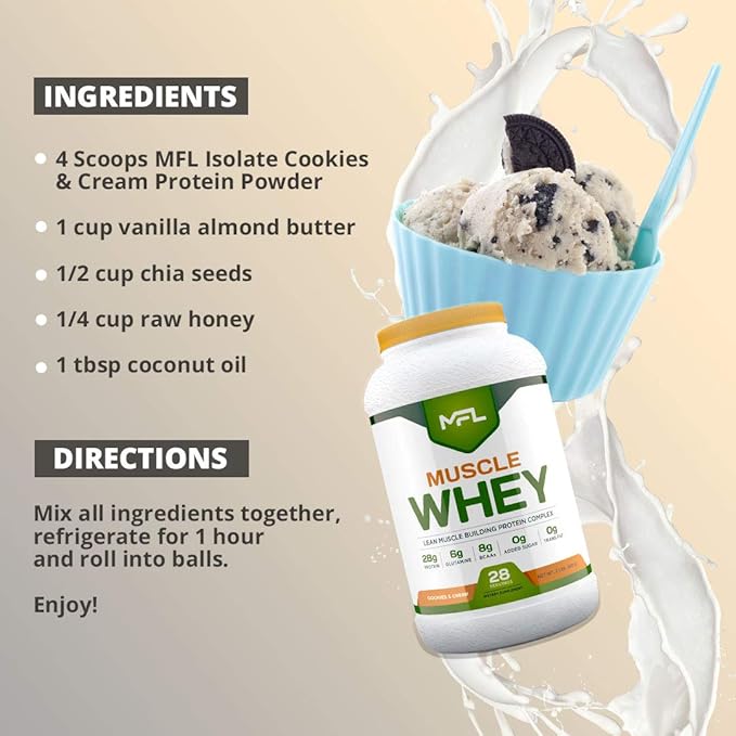 MFL Muscle Whey Protein l 28g of Protein l 8g BCAAs l Keto Friendly l Low Carbs l 2 lbs (Cookies and Cream)