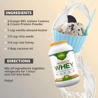 MFL Muscle Whey Protein l 28g of Protein l 8g BCAAs l Keto Friendly l Low Carbs l 2 lbs (Cookies and Cream)