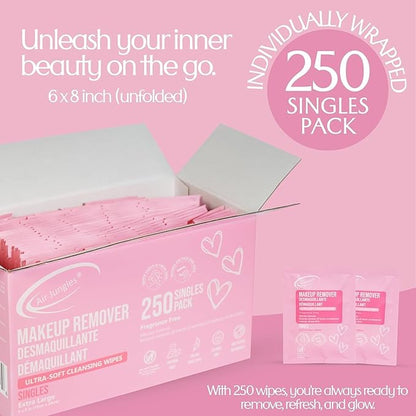 Air Jungles 250 Count Bulk Makeup Remover Wipes, Individually Wrapped Cleansing Face Lid Eyes Waterproof Makeup, Infused with Vitamin E for All Skin Types, Fragrance-Free-Hotel Travel Size Toiletries
