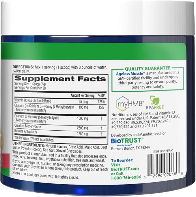 BioTrust Ageless Muscle Builder - Creatine HMB Powder with Vitamin D3 & Betaine - Build & Preserve Naturally Declining Muscle Mass & Strength - Fruit Punch, 30 Servings