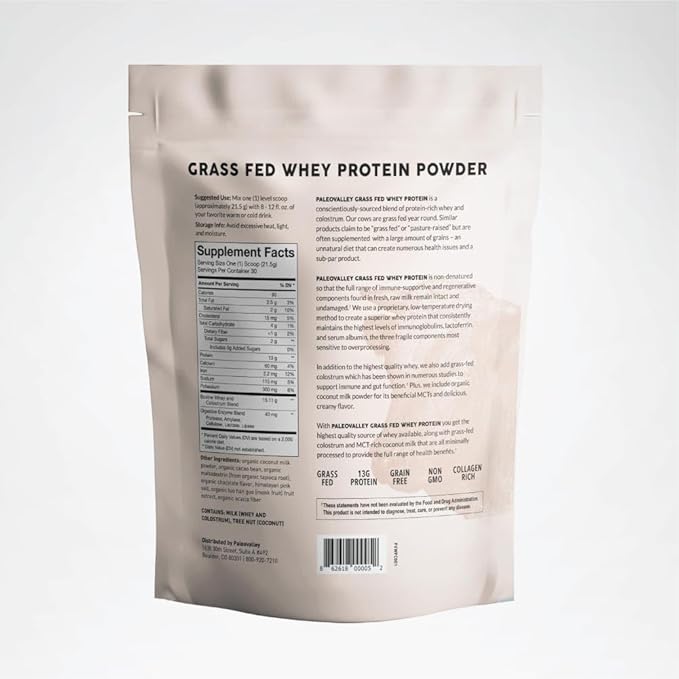 Paleovalley 100% Grassfed Whey Protein Powder with Colostrum, 30 Serving - Chocolate, 13g Protein, Muscle Building, Immune Support, Gut Health