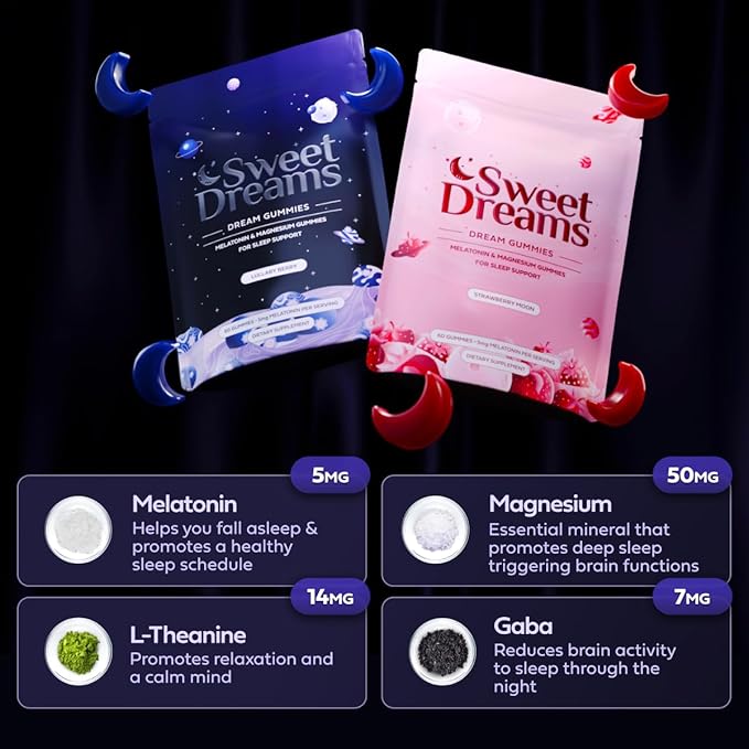 SweetDreams Dream Gummies Natural Sleep Aid for Adults, 5mg Melatonin, Magnesium, & L-Theanine - Vegan Gummy Supplement - Melatonin Gummies for Restful Deep Sleep Cycles (Strawberry Moon)