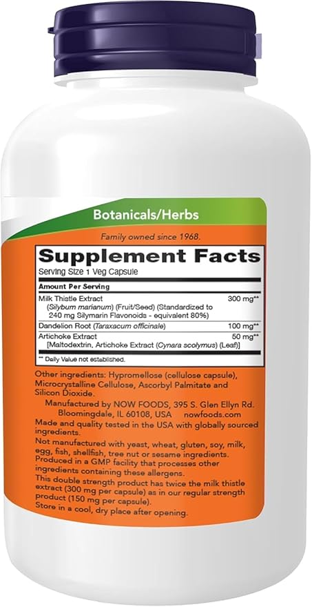 NOW Foods Supplements, Silymarin Milk Thistle Extract 300 mg with Artichoke and Dandelion, Double Strength, Supports Liver Function*, 250 Veg Capsules (Pack of 2)