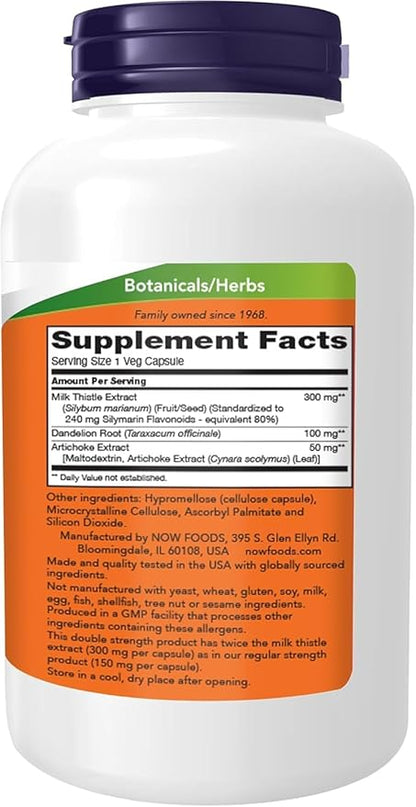 NOW Foods Supplements, Silymarin Milk Thistle Extract 300 mg with Artichoke and Dandelion, Double Strength, Supports Liver Function*, 250 Veg Capsules (Pack of 2)