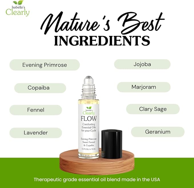 Flow Essential Oil Roll On for Women | Natural Aromatherapy Rollerball for PMS Support, Balance, Mood, and Comfort with Evening Primrose, Clary Sage, Copaiba, Fennel