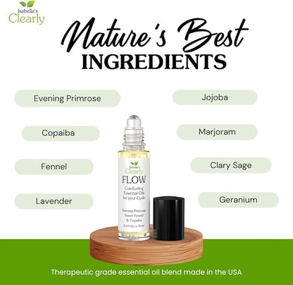 Flow Essential Oil Roll On for Women | Natural Aromatherapy Rollerball for PMS Support, Balance, Mood, and Comfort with Evening Primrose, Clary Sage, Copaiba, Fennel