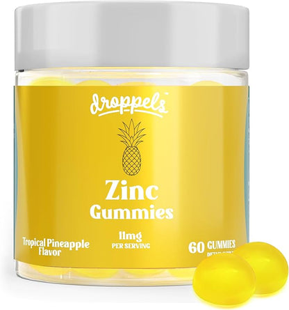 Droppels Zinc Citrate Gummies 11mg – Immune Support & Skin Health Supplement | Vegan, Plant-Based, Gluten Free, Gelatin Free, Non-GMO | Tropical Pineapple Chewable Zinc for Adults, 60 Count