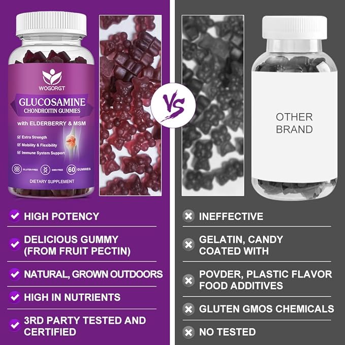 WOGORGT Glucosamine Chondroitin Gummies for Women & Men - 1500mg Glucosamine Chondroitin with MSM & Elderberry - Flexibility & Immune Support - 60 Gummies (2 Pack)