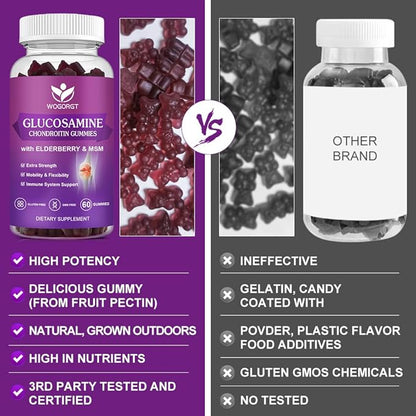 WOGORGT Glucosamine Chondroitin Gummies for Women & Men - 1500mg Glucosamine Chondroitin with MSM & Elderberry - Flexibility & Immune Support - 60 Gummies (2 Pack)