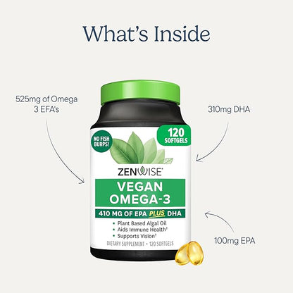 Zenwise Health Vegan Omega 3 Supplement - Burpless Omega 3 Supplement with DHA, EPA & DPA Fatty Acids for Immune Health - Fish Oil Alternative from Sustainably Sourced Marine Algae Oil - 120 Softgels