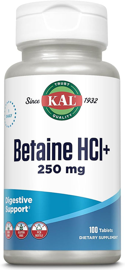KAL Betaine HCL with Pepsin Supplement for Women & Men - Digestive Enzymes for Gut Health Support, Betaine Hydrochloride 250 mg, Calcium Support for Stomach Acid, Gluten Free, Non GMO - 100 Tablets