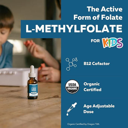 Organic Kids L-Methylfolate + Methyl B12 Cofactor - MTHFR Sublingual Form - 5-MTHF, Superior Form of Folate - Adjustable Dosing for All Ages - Mood, Behavior, Cognition - Organic Berry Flavor, 1 Fl oz