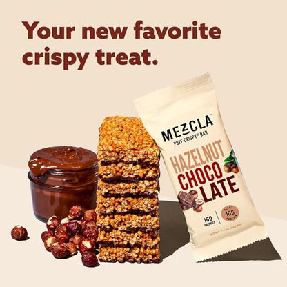 Mezcla Puff-Crispy Plant Based Protein Bars - Hazelnut Chocolate - Healthy Snacks for Adults & Hazelnut Spread Fans - School & Office Snacks - Gluten Free, Vegan, Non GMO, 10g Protein - 12 Count