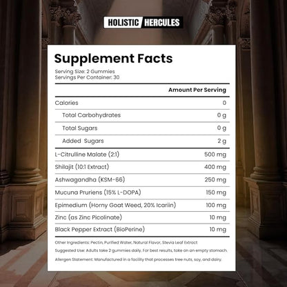 Holistic Hercules Himalayan Gold Shilajit Gummies with Ashwagandha Black Maca Tongkat Ali Panax Ginseng Mucuna | 100% Natural Organic | Vegan Non-GMO Sugar-Free (30)