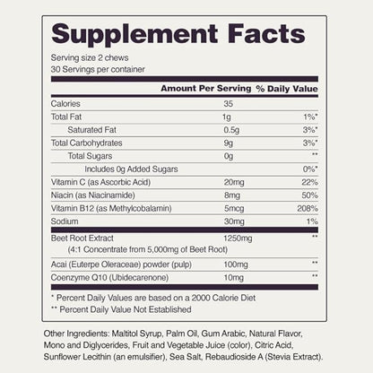 Snap Supplements Heart Beets Beet Root Soft Chews, Cardiovascular Support Supplement for Men & Women, CoQ10 & Acai, Energy & Circulation Support, Sugar Free, Mixed Berry, 60 Soft Chews