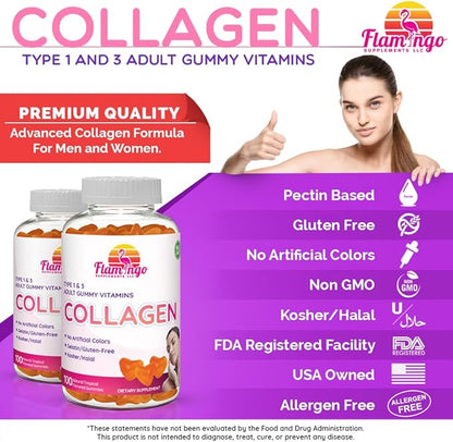 Collagen Gummies- Natural Marine Collagen for Women, and Men- Collagen Supplements for Skin Hair, Nails- Hydrolyzed Type 2 & 1 3- Replace Pills and Powders - No Gelatin, Kosher, Halal- 100 Ct.