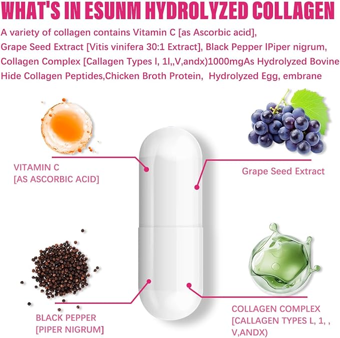 ESUNM Multi Collagen Capsules for Women & Men - Type I, II, III, V, X - Hydrolyzed Collagen Supplements with Biotin, Vitamin C for Hair, Skin, Nail & Joint Support, 60 Capsules,30 Servings