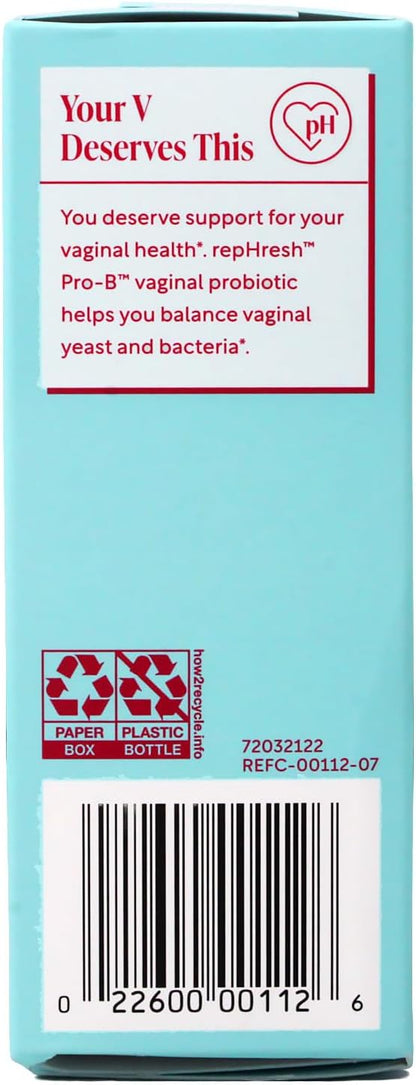 RepHresh Pro-B Vaginal Probiotic Supplement, Balances Yeast and Bacteria, Supports pH Balance, 30 Capsules