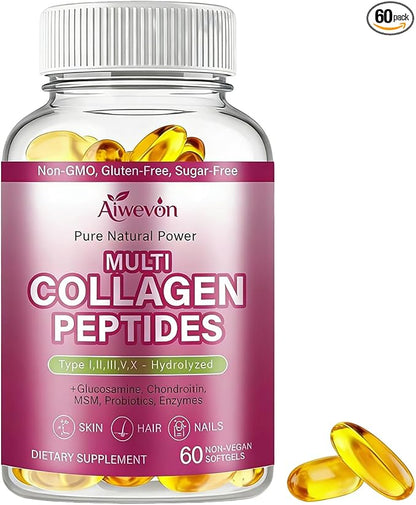 Multi Collagen Peptides Capsules 9500mg: Hydrolyzed Collagen Supplement Type I II III V X with Hyaluronic Acid Glucosamine MSM Probiotics Enzymes, Collagen for Skin Hair Nails Joints Women Men 60