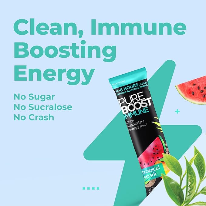 Pureboost Immune Clean Energy Booster, Refreshing Energy Drink Mix and Immunity Supplement with Elderberry, 1,200 mg Vitamin C, Vitamins A + D, and Zinc. (Tropical Spark, 30 Count)