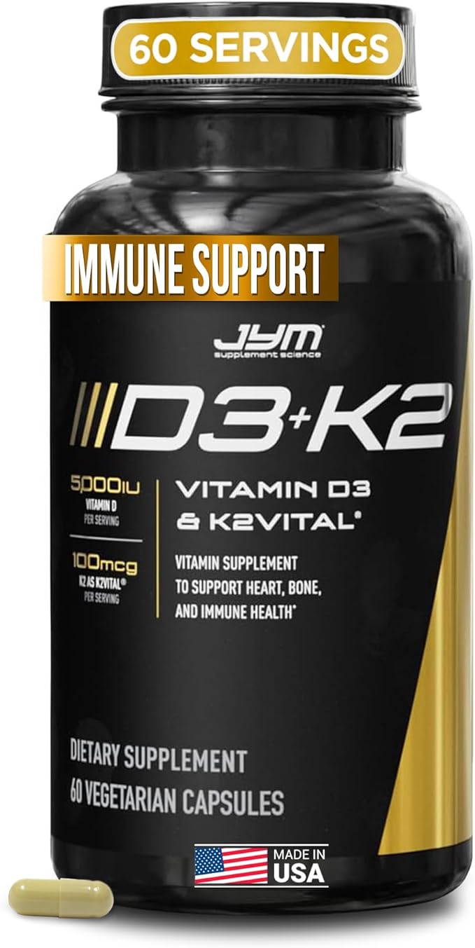 JYM D3 + K2 with 5000iu D3 & 100mcg of Vitamin K2 as MK-7, Bone, Cardiovascular + Immune Health for Men & Women, Softgel