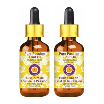 Deve Herbes Pure Passion Fruit Oil (Passiflora edulis) with Glass Dropper Cold Pressed (Pack of Two) 100ml X 2 (6.76 oz)