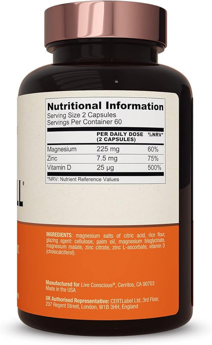 Live Conscious Magnesium Zinc & Vitamin D3 - Bioavailable Forms of Magnesium - Malate, Glycinate, Citrate - MagWell Bone & Heart Health, Immune System Support - 120 Capsules (2-Pack)