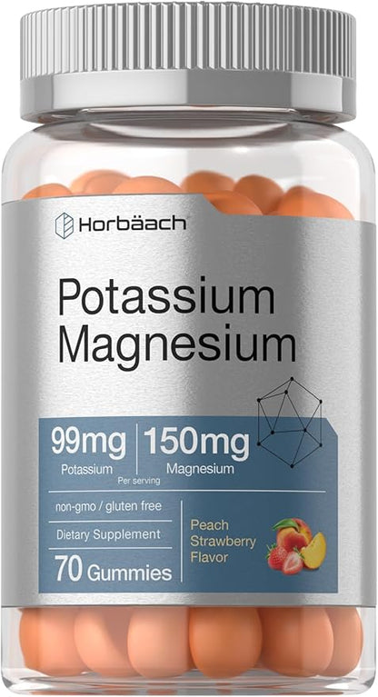 Horbaach Potassium Magnesium Gummies | Peach Strawberry Flavor | 70 Chewable Gummy | Vegan, Non-GMO, and Gluten Free Supplement
