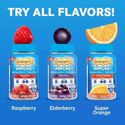 Emergen-C Immune+ Elderberry Gummies, 750 mg Vitamin C with Vitamin D, Zinc and Electrolytes, Immune Support Dietary Supplement, Caffeine Free, Gluten Free, Elderberry Flavor - 36 Count