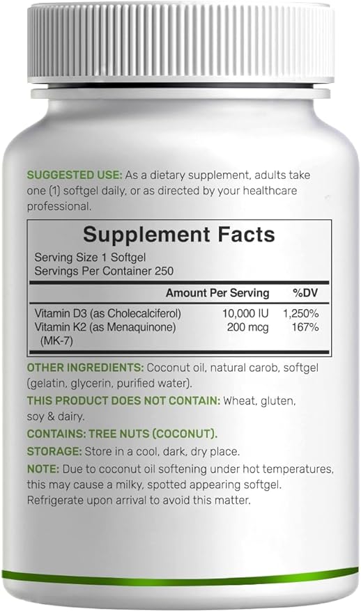 DEAL SUPPLEMENT Vitamin D3 10,000 IU + K2 MK7 200mcg Softgels, 250 Count | 2-in-1 Complex with Virgin Coconut Oil | Easy to Swallow