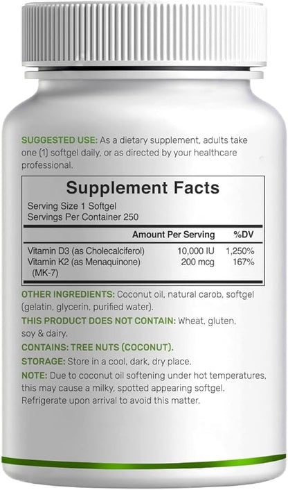 DEAL SUPPLEMENT Vitamin D3 10,000 IU + K2 MK7 200mcg Softgels, 250 Count | 2-in-1 Complex with Virgin Coconut Oil | Easy to Swallow