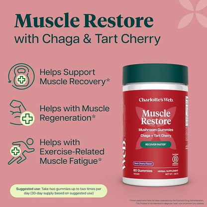 Charlotte's Web Muscle Restore Mushroom Gummies for Adults — Chaga & Tart Cherry Supplement for Muscle Recovery and Fatigue — Vegan, Kosher, Non-GMO (Dark Cherry Flavor, 30 Servings)