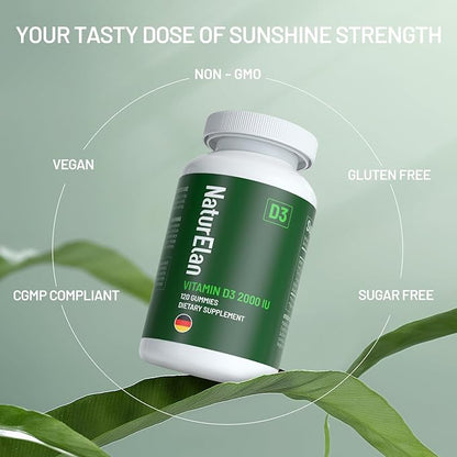 Vitamin D3 Gummies - 120 Gummies, 2000 IU Vitamin D3 per Gummy, Sugar Free, Boost Bones, Mood & Immune System Function, Third Party Tested, Yummy Peach Flavor, Vegan & Gluten Free, 120 Servings
