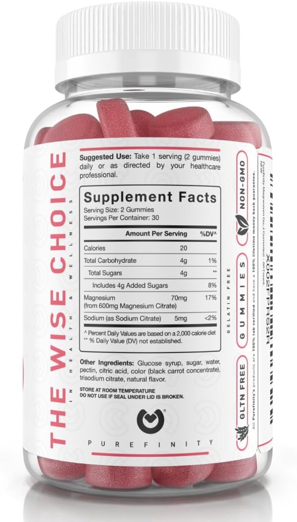 Magnesium Citrate Gummies 600 mg for Adults – High Absorption Supplement for Cramps, Muscle Recovery, Sleep, Bone, and Energy Support – Non-GMO, Allergen Free – 60 Vegan Gummies