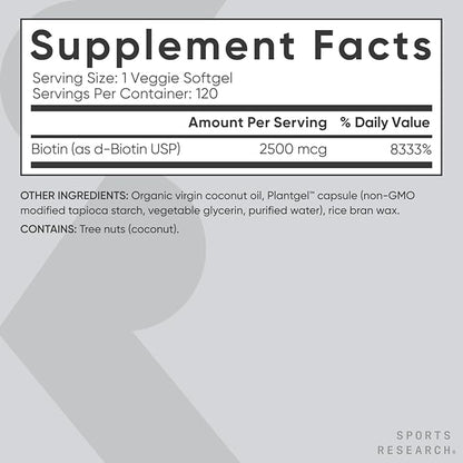 Sports Research® Biotin 2,500mcg with Organic Coconut Oil - Biotin (Vitamin B7) for Healthy Skin and Hair Support* - for Women and Men - Vegan, Non-GMO, Gluten & Soy-Free - 120 Veggie Softgels