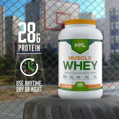 MFL Muscle Whey Protein l 28g of Protein l 8g BCAAs l Keto Friendly l Low Carbs l 2 lbs (Cookies and Cream)