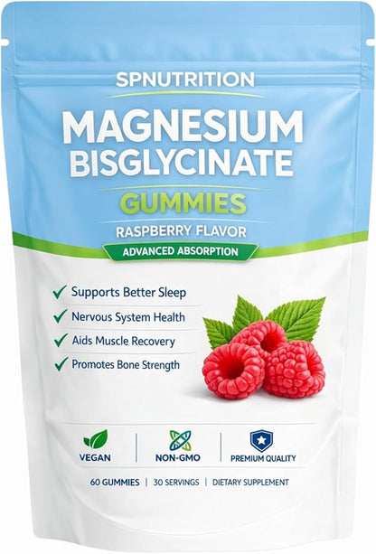 Spnutrition Magnesium Bisglycinate Gummies with 400mg Magnesium Bisglycinate Chelate,Sea Salt,Raspberry Fruit Powder,Improve Sleep,Vegan,Non-GMO,Daily Mineral Support,60 Count