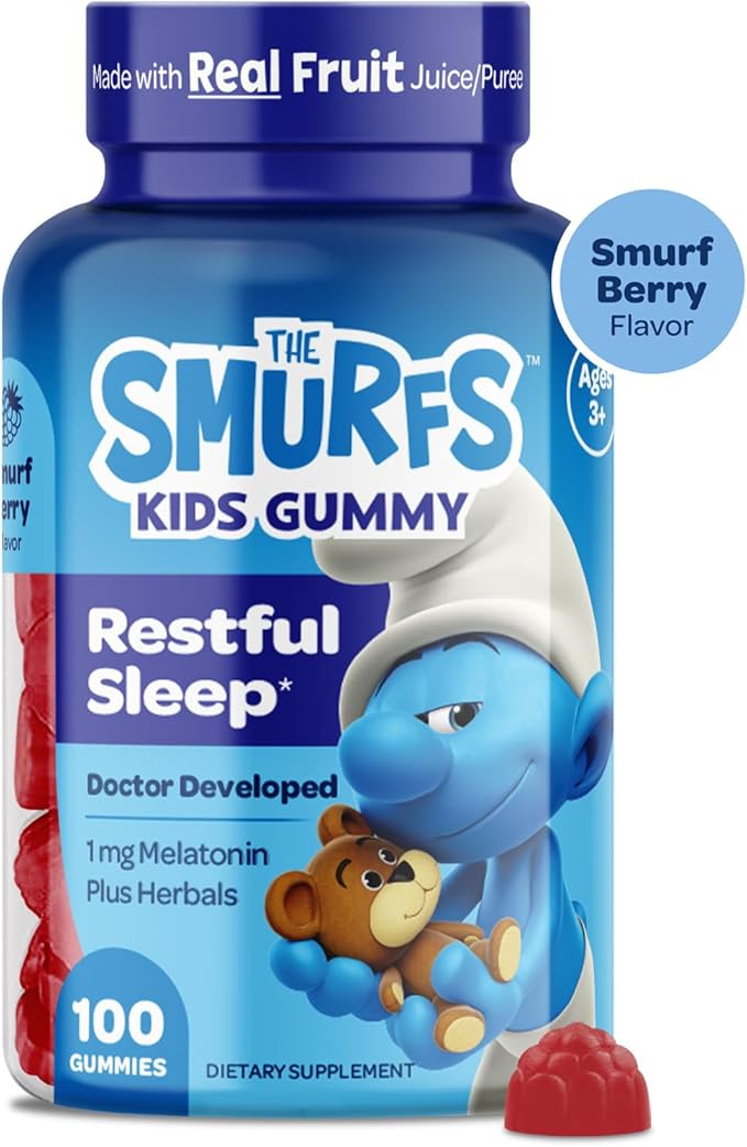 The Smurfs Gummies for Kids with Chamomile & Lemon Balm for a Restful Sleep Age 3+ | Non-Habit Forming | Made with Real Fruit in a Smurf Berry | Doctor Developed | 100 Gummies (100 Count, Melato)