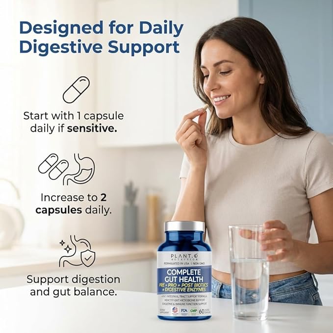 4-in-1 Gut Health Support – Prebiotics + Probiotics + Postbiotics + Digestive Enzymes – DE111 Spore Probiotic for Digestive Support & Bloating – Non-GMO, Made in USA – 60 Veggie Capsules