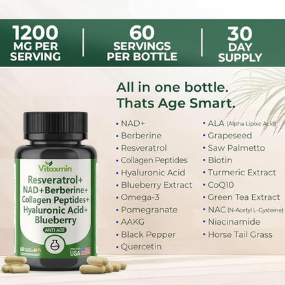 NAD Resveratrol Supplement 200mg with Berberine NAC Collagen - Nicotinamide Riboside NMN NADH CoQ10 Biotin Hyaluronic Acid - Hair Skin Nails Supplement - 60 Capsules