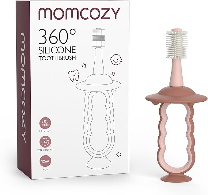 Momcozy Baby Toothbrush, 360° Tooth Brush for Infant, Ultrasoft Toddler Toothbrush with Suction Base, Baby Oral Cleaner, Infant Tongue Cleaner, Pink